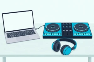 An open laptop with a blank screen beside a two-deck DJ controller and a pair of headphones on a wooden desk