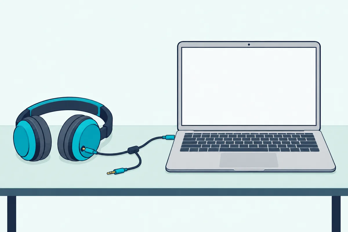 An open laptop with a blank screen on a desk, with a short Y-shaped split cable running from it to a pair of headphones