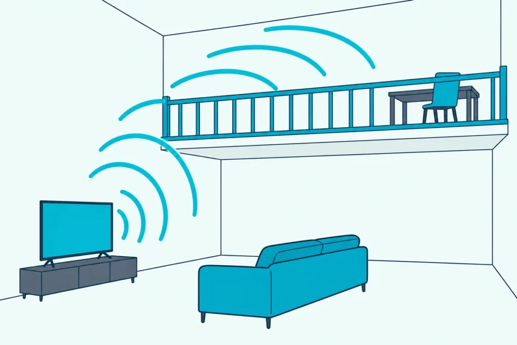 An open loft with a railing above a living room, with sound waves rising from a TV below into the loft