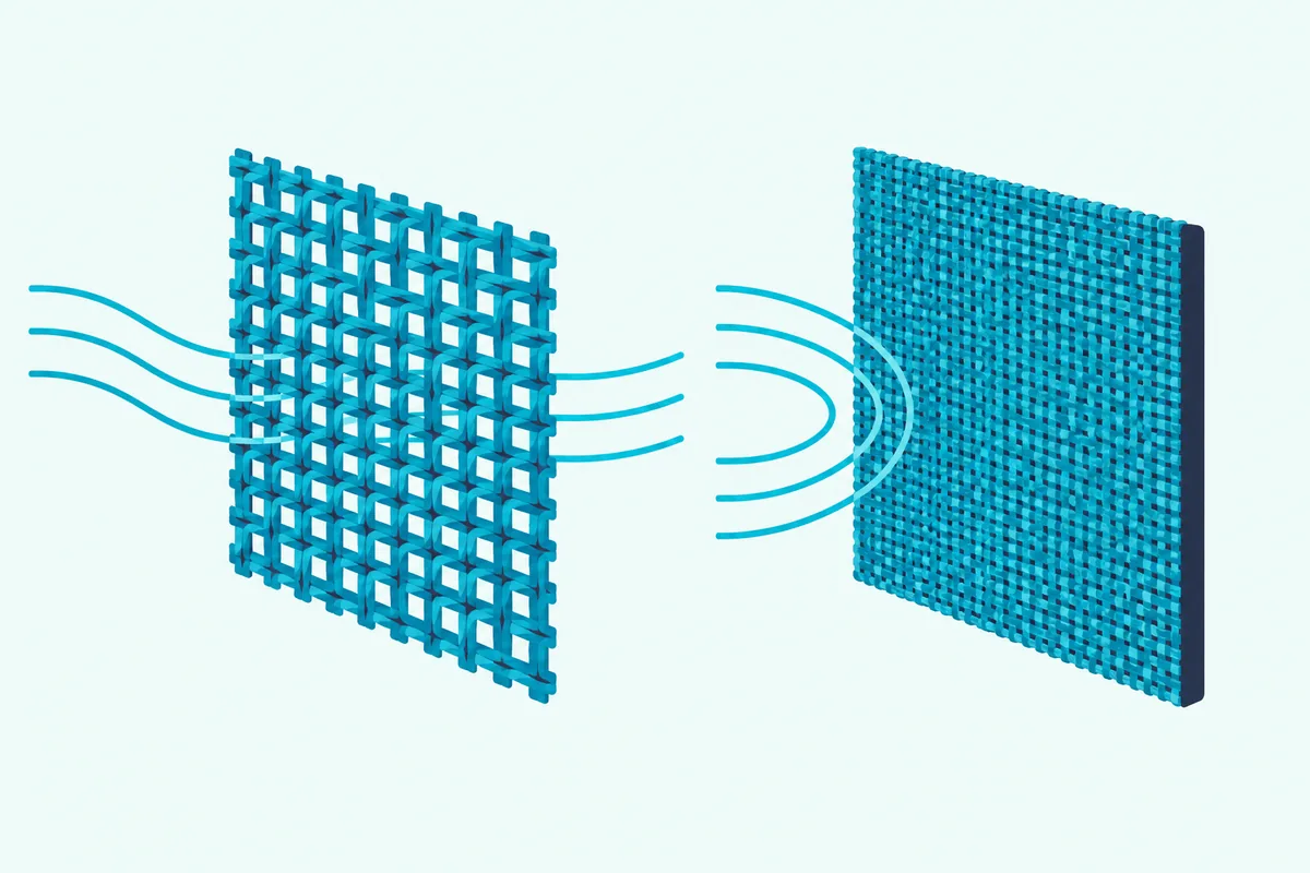 An open-weave fabric swatch letting sound waves through beside a tight, backed swatch that bounces them back