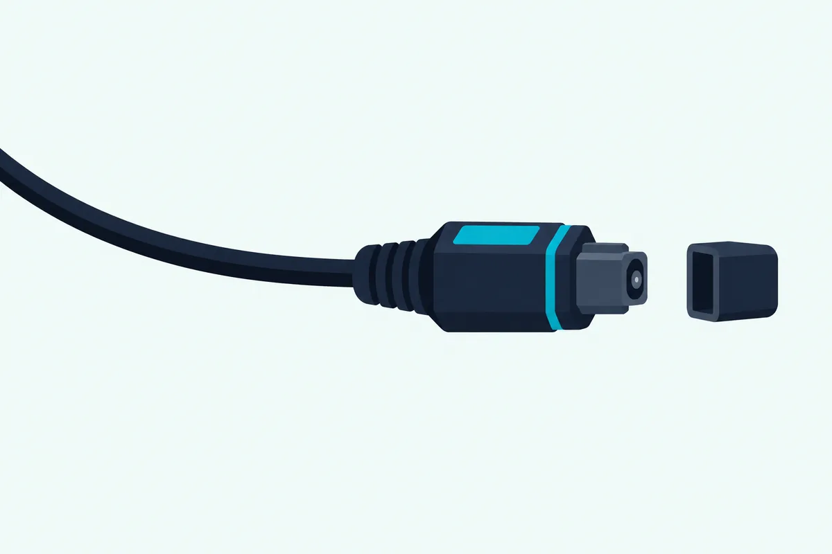 An optical audio plug lying next to its small removed protective cap on a plain surface