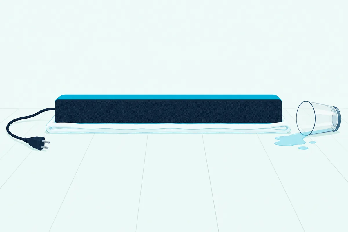 An unplugged soundbar on a folded towel beside a tipped-over glass of water and a small puddle