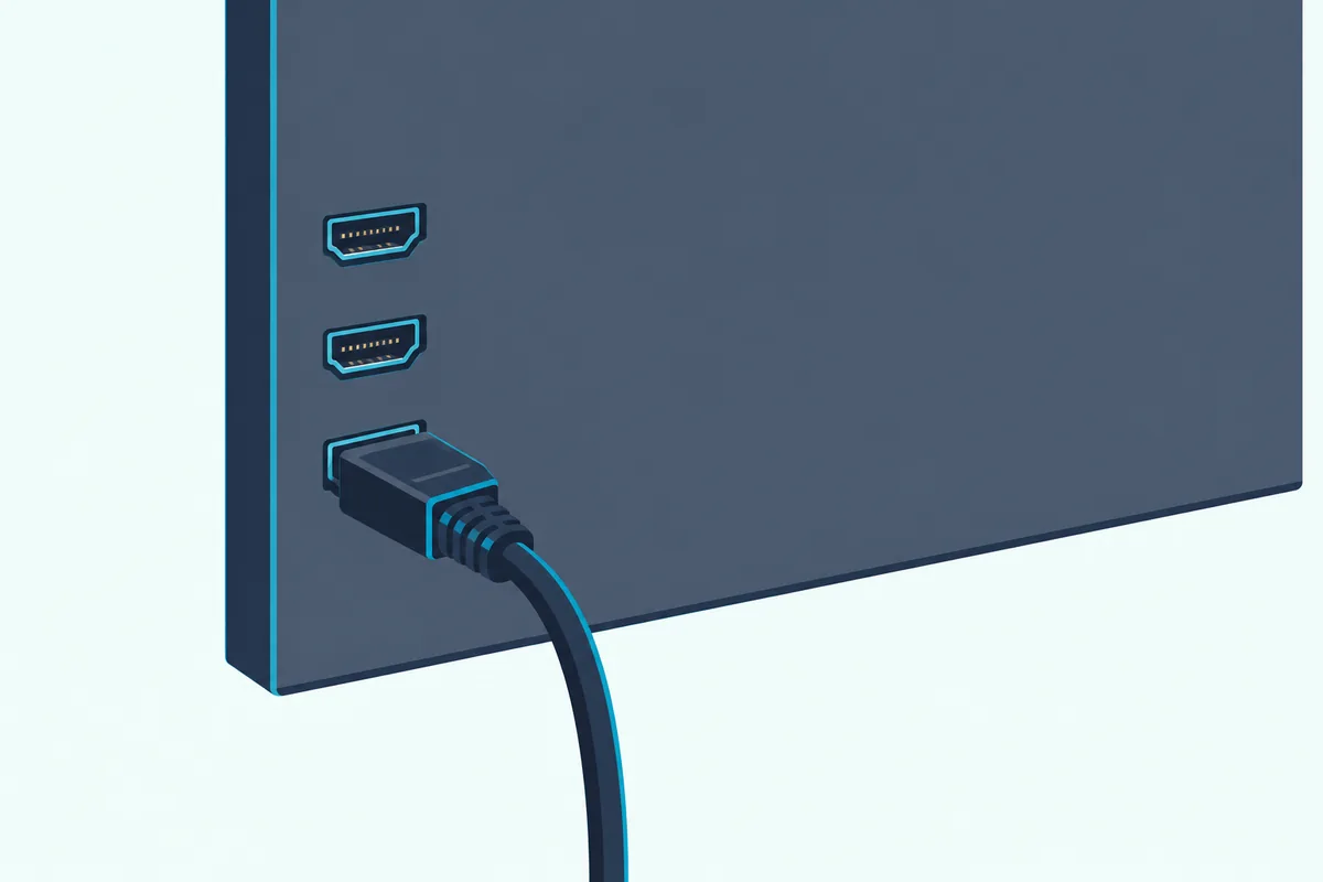 Back of a flat TV seen at an angle, with a column of HDMI sockets and one cable plugged into the lowest