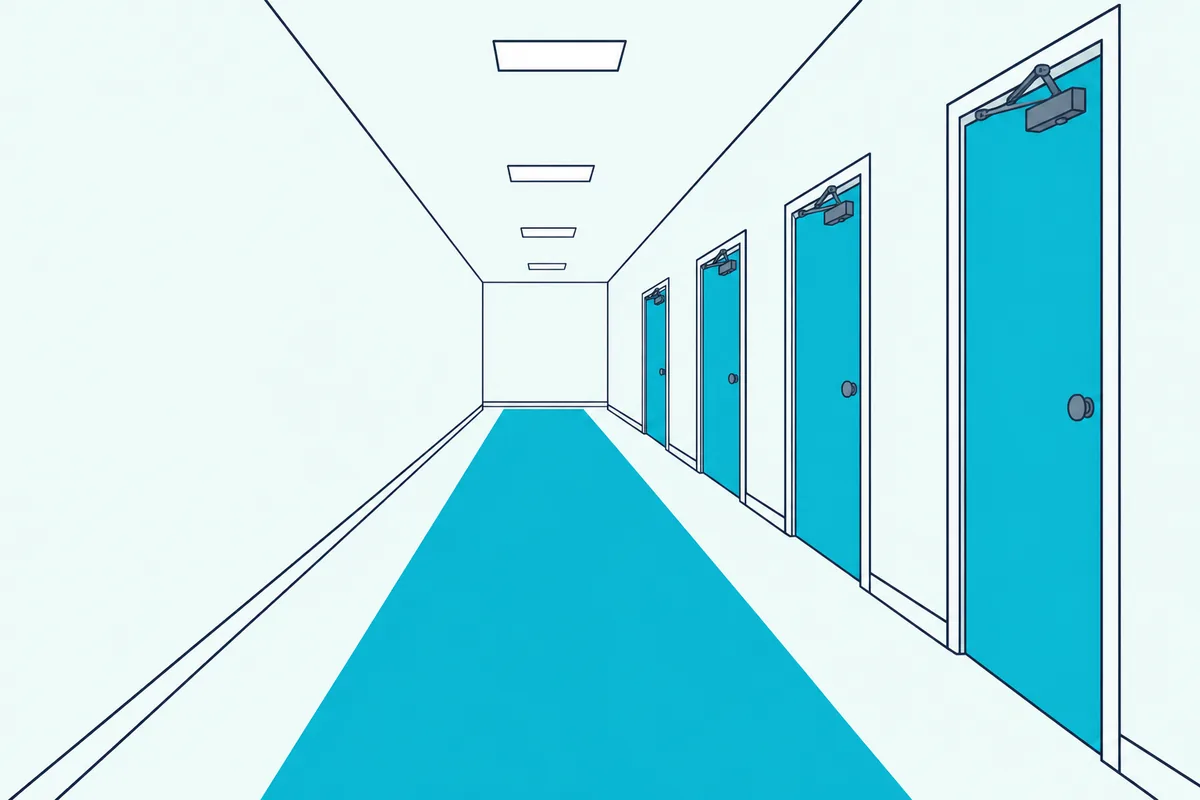 Apartment building corridor with a row of closed entry doors, each fitted with an overhead door closer