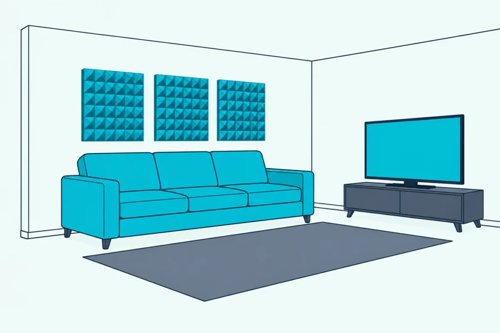 An apartment living room with pyramid foam panels on the shared wall above a sofa and a TV with a blank screen