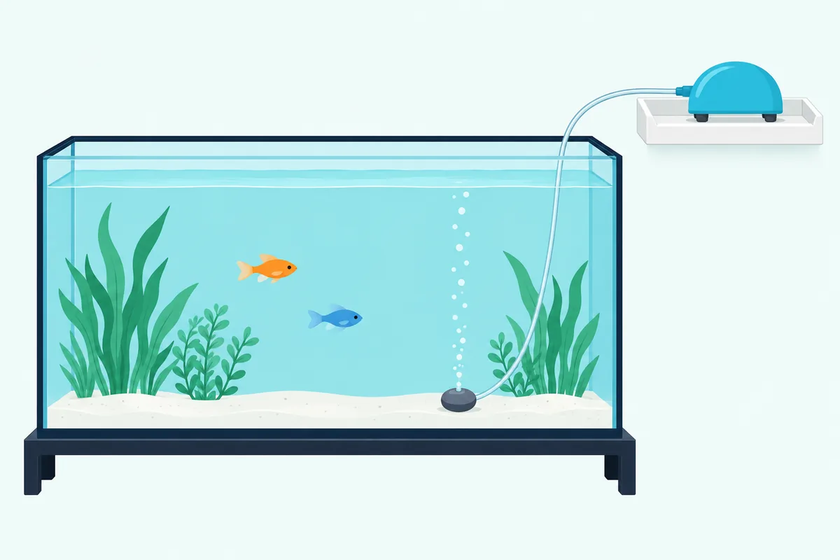 A dome-shaped aquarium air pump on a shelf with a raised edge, above the water line and to one side of a fish tank