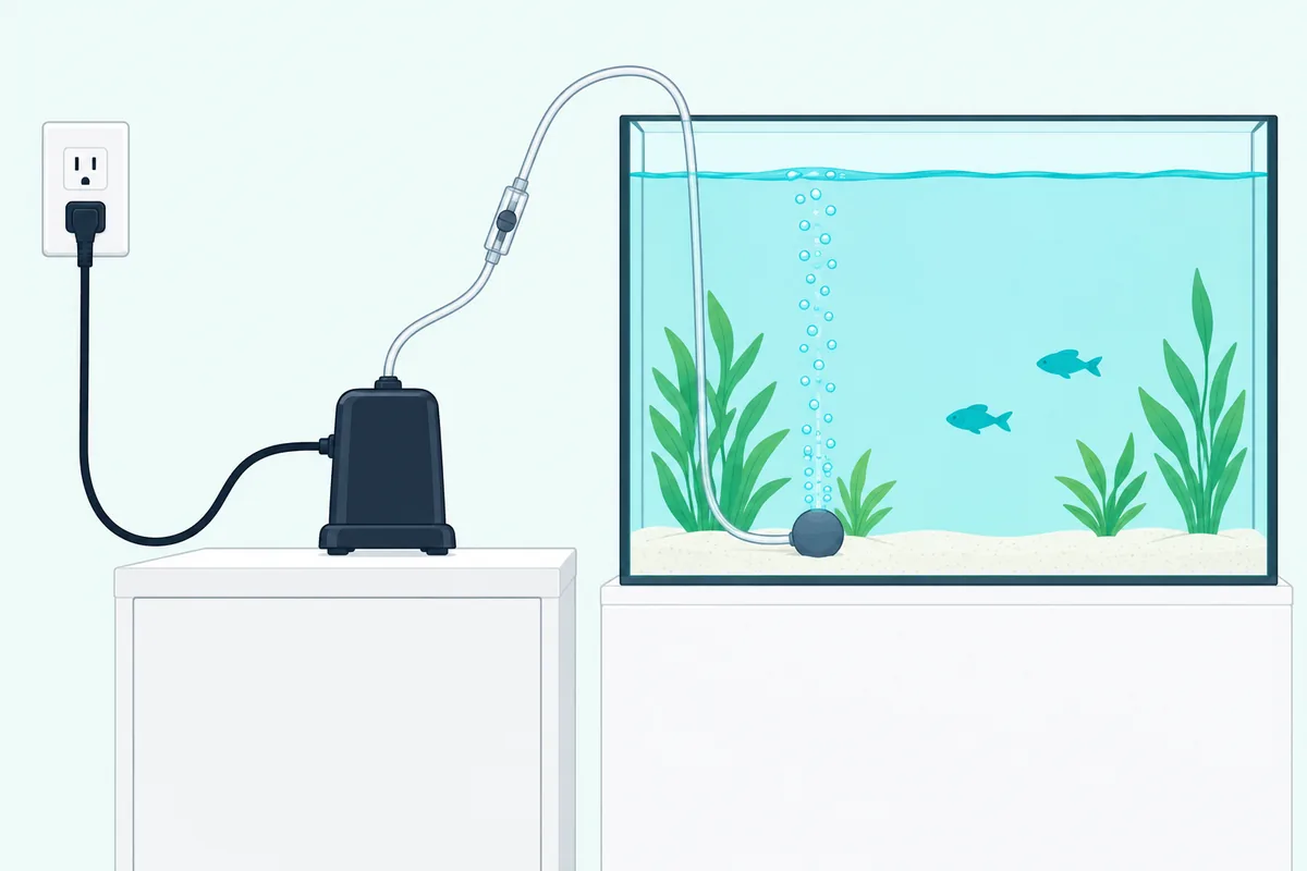 An aquarium air pump on a low cabinet beside a fish tank, with a check valve in its airline and its cord in a drip loop