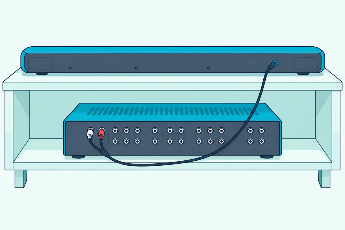 AV receiver with a red and white stereo cable running from its back panel to a slim soundbar's small round input