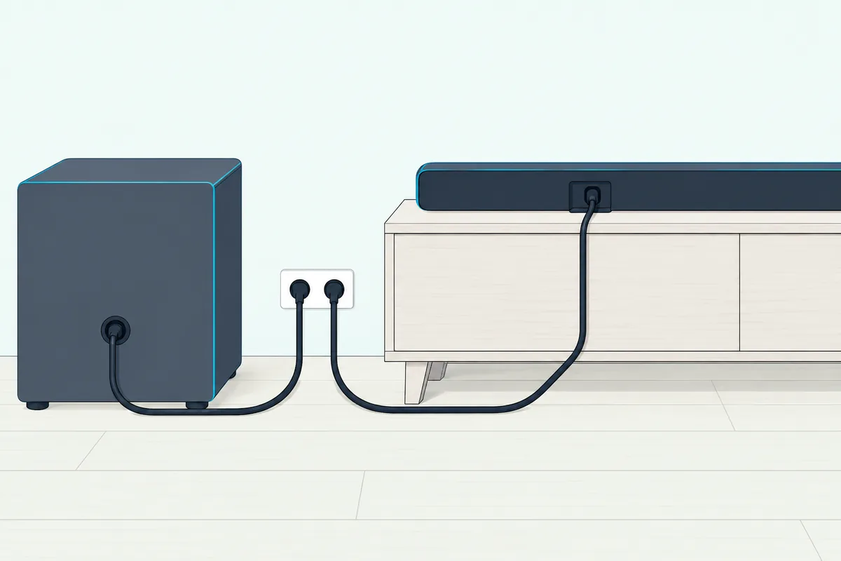Back of a cube subwoofer with its power cord plugged in and running down to a wall outlet beside a soundbar's cord