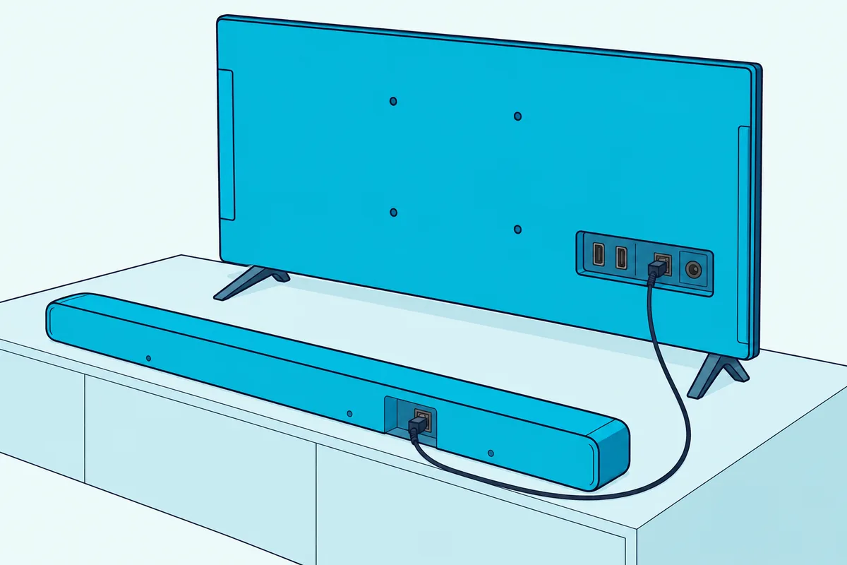 Back of a flat TV on a stand with a thin optical cable running from a small square port on its rear panel to a soundbar