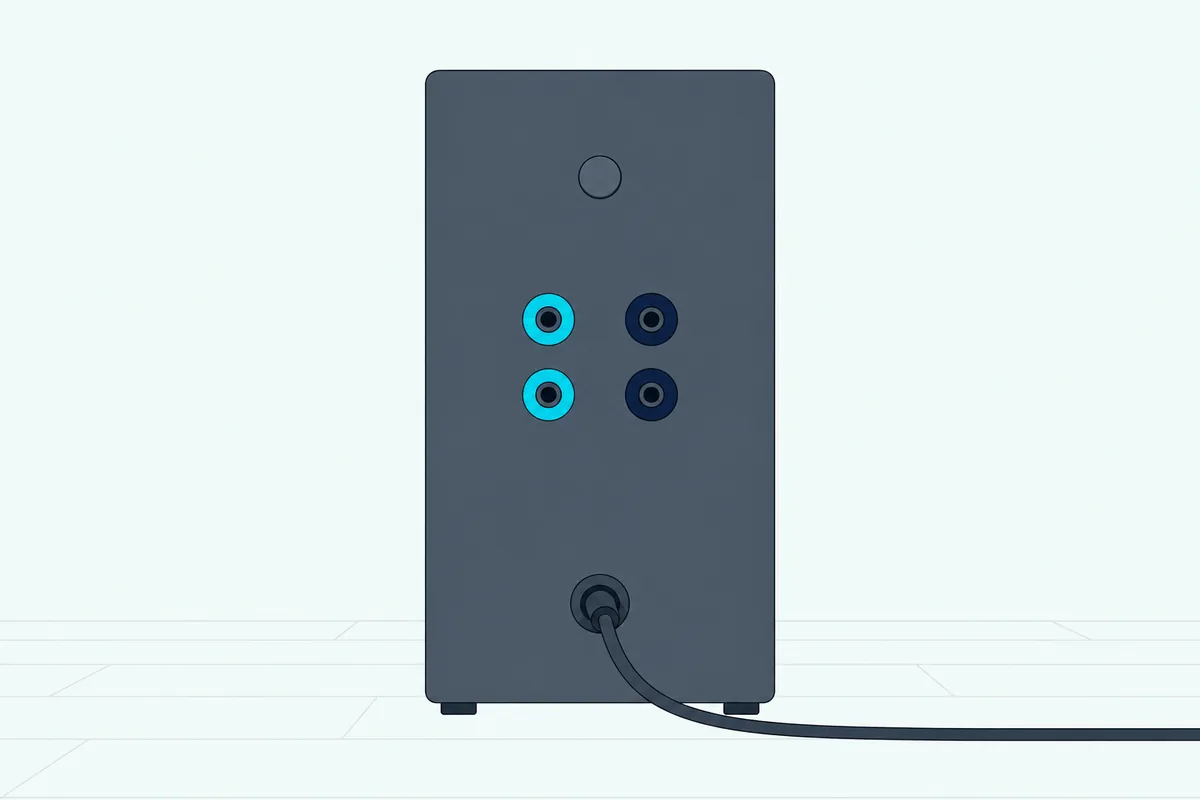 Back of a slim upright receiver box with one small round button, a power socket and two pairs of speaker terminals