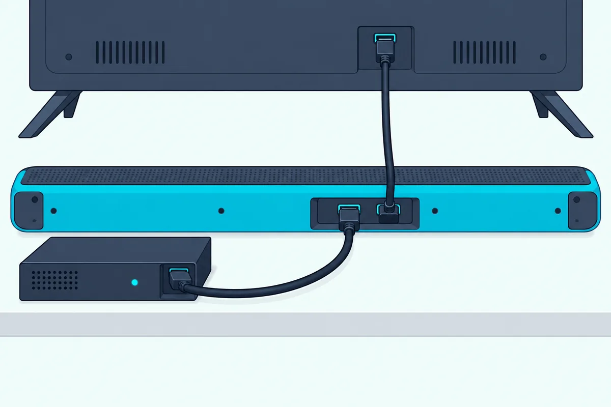 Back of a slim soundbar with one thick cable in from a flat set-top box and a second thick cable rising to the TV