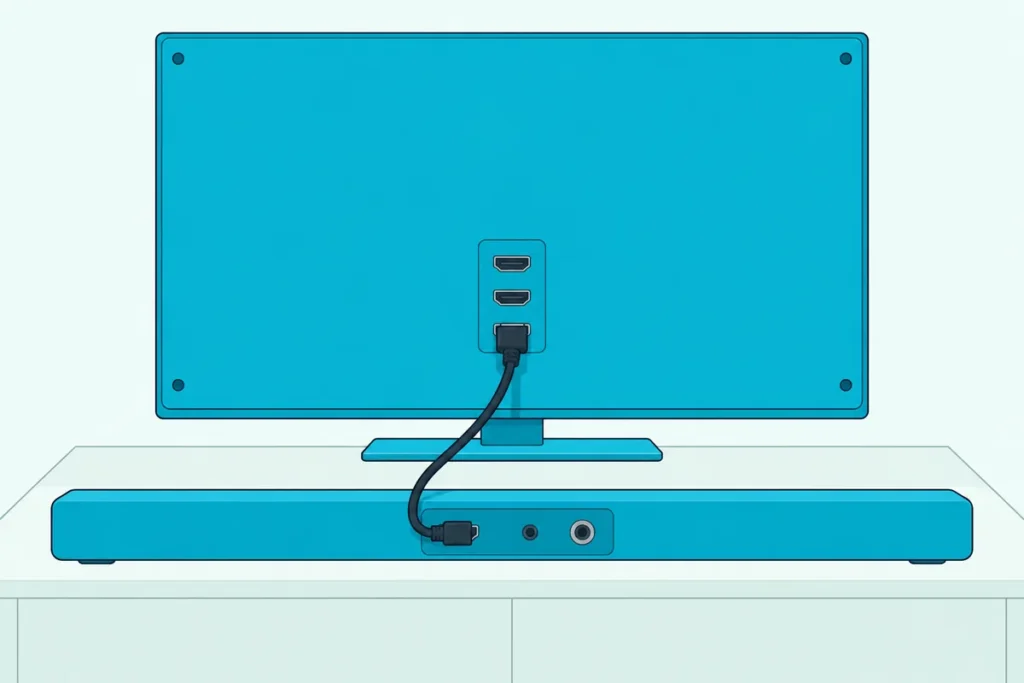 Back of a slim soundbar with three different sockets and one HDMI cable leading up to the back of a flat TV