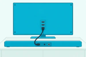 Back of a slim soundbar with three different sockets and one HDMI cable leading up to the back of a flat TV
