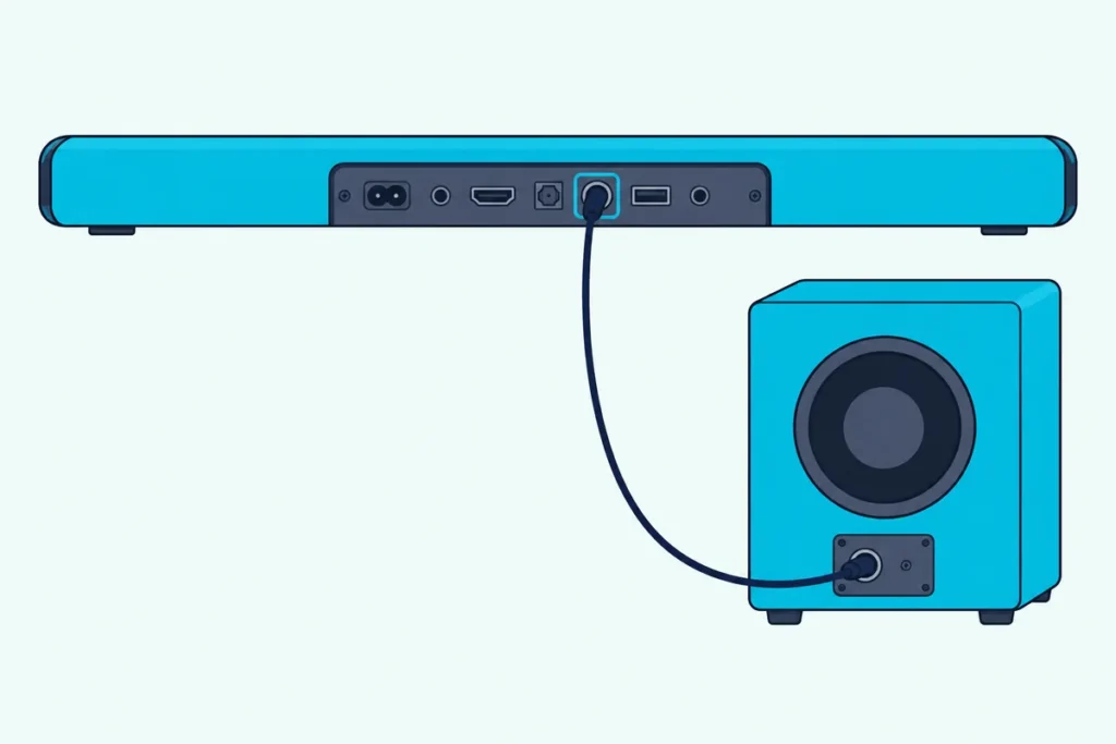The back of a slim sound bar with one cable running from an outlined port to a boxy powered subwoofer