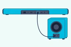 The back of a slim sound bar with one cable running from an outlined port to a boxy powered subwoofer