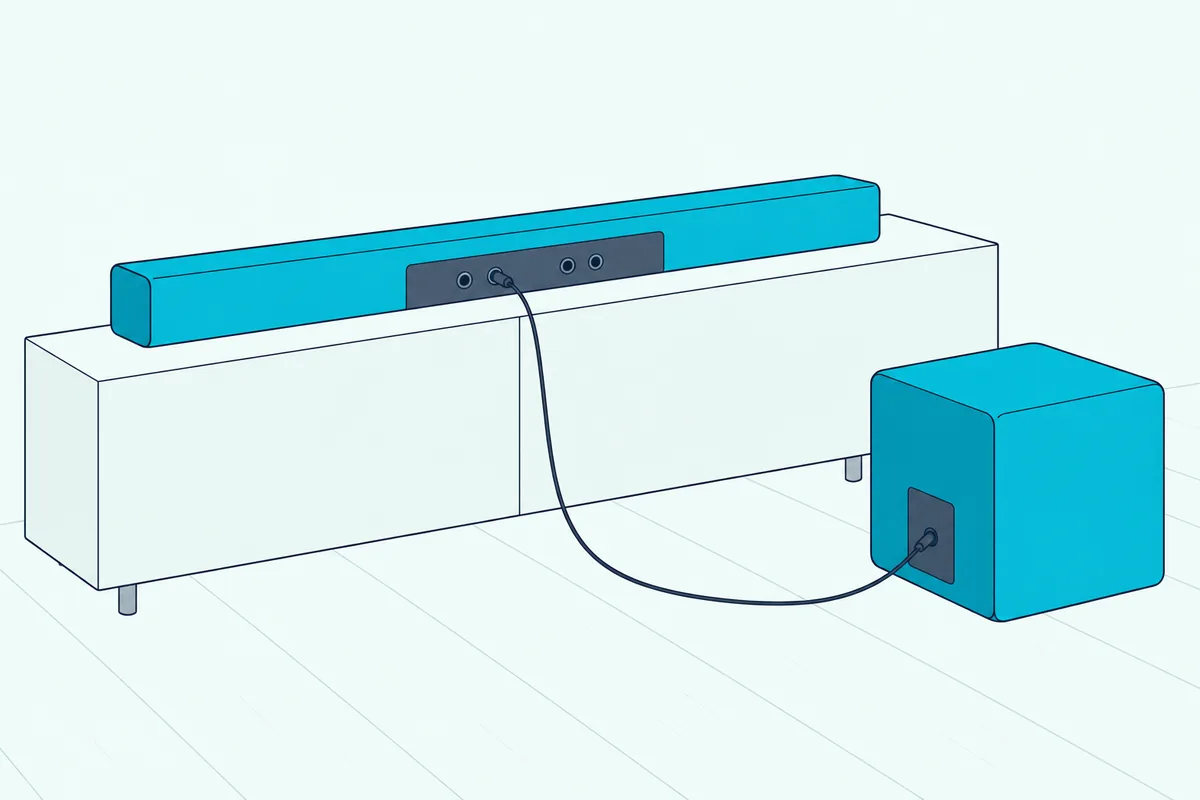 Back of a soundbar and a box subwoofer joined by one thin audio cable on a wooden floor