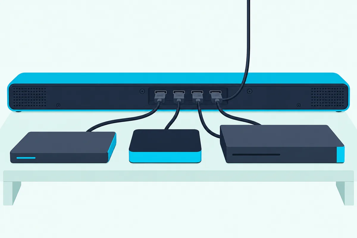 Back panel of a soundbar with three HDMI cables from three source boxes and a fourth cable running to the TV