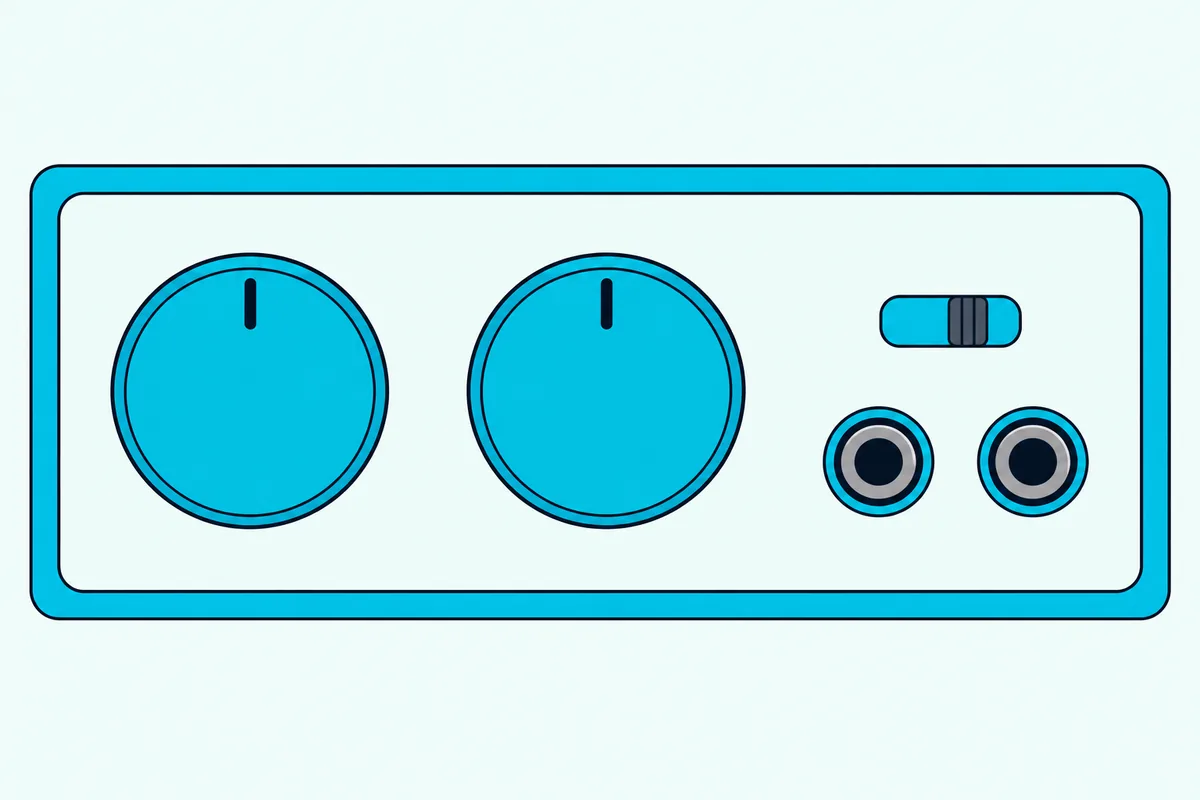 The back panel of a subwoofer with two round knobs, a two-position switch and a pair of input jacks