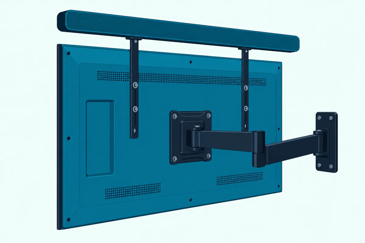 Two black brackets on the back of a TV on a wall arm, rising above its top edge to hold a slim soundbar