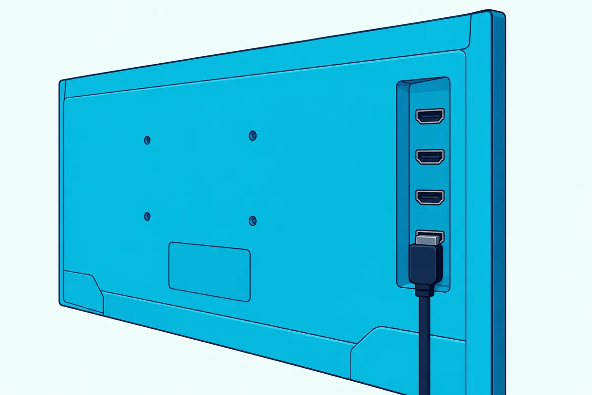 Back of a flat TV with a row of HDMI ports and one HDMI cable plugged into the end port