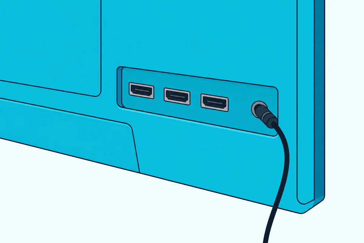 Back panel of a flat TV with one small round jack and a thin cable with a slim round plug leading away from it