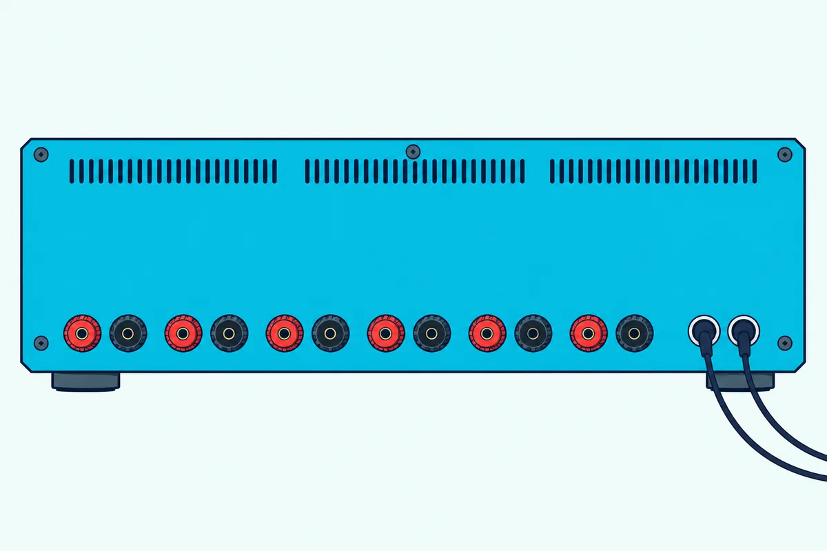 Back panel of an AV receiver with two round subwoofer output jacks, each with a cable leading away