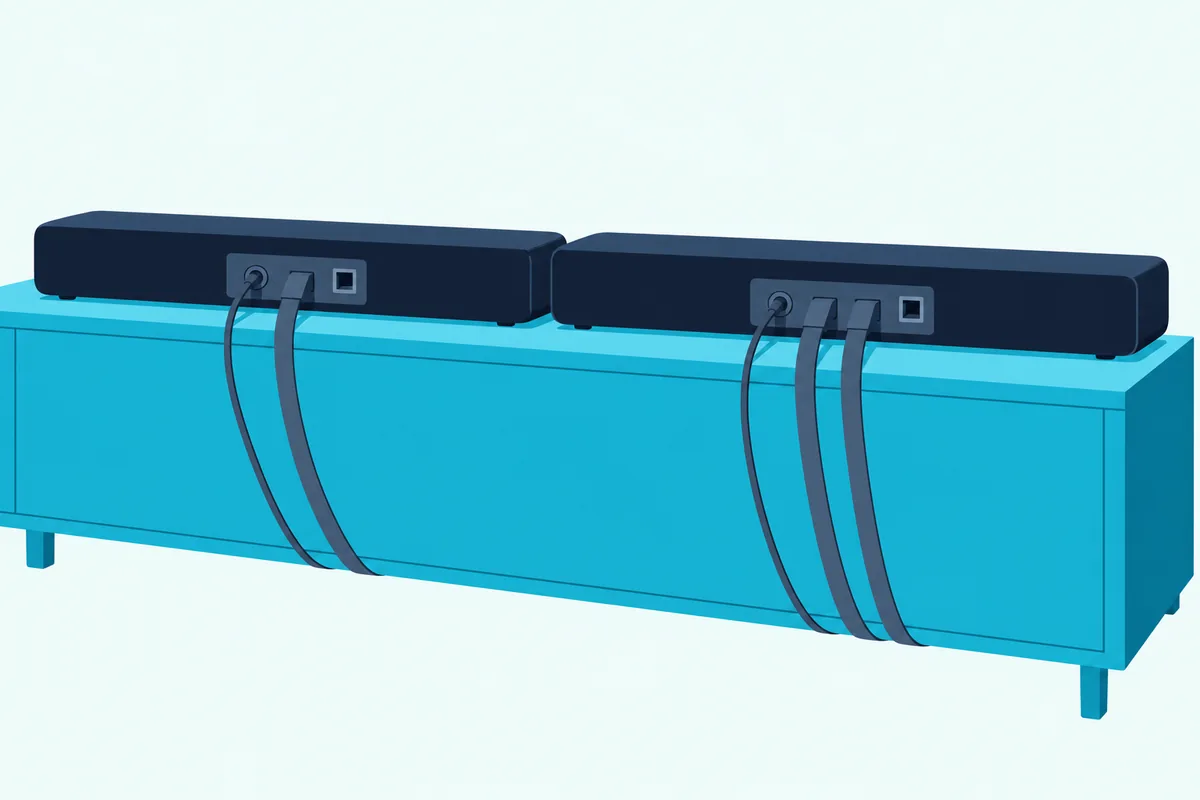 Backs of two dark soundbars side by side with plain round and square sockets and cables plugged in