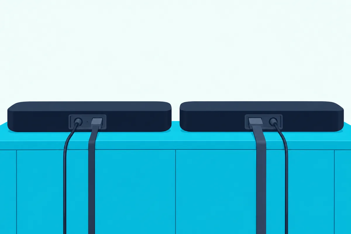 Backs of two small dark soundbars with round and square sockets and two audio cables plugged in