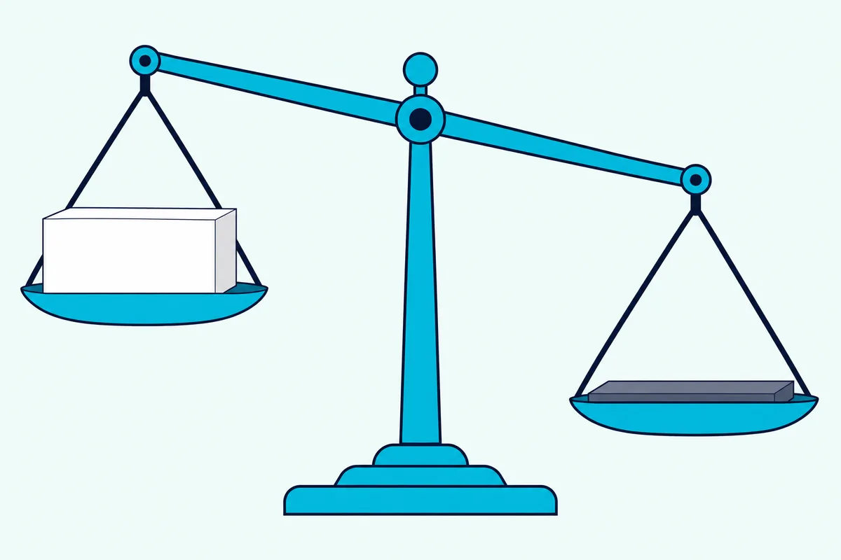 A balance scale with a thick white foam block on the raised pan and a thin gray panel on the lowered pan