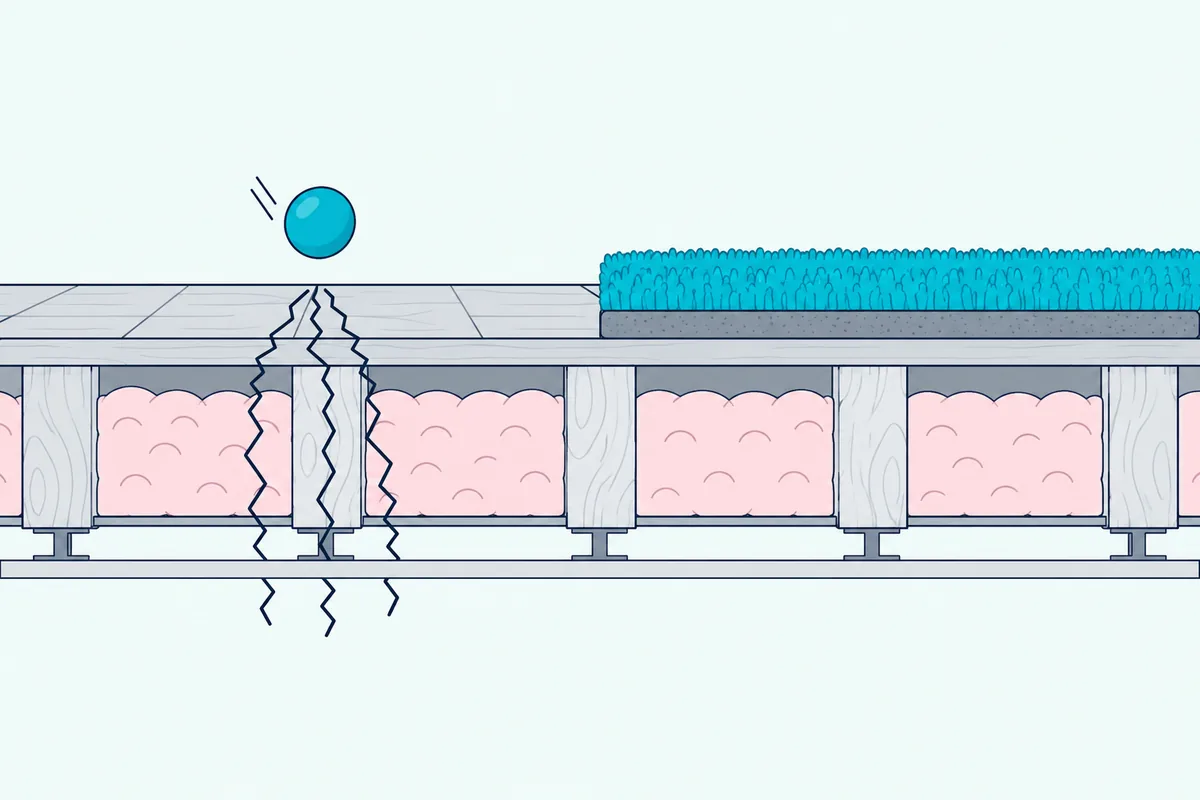 Ball bouncing on a bare wood floor beside a carpet with a pad, impact lines passing down through insulated joists