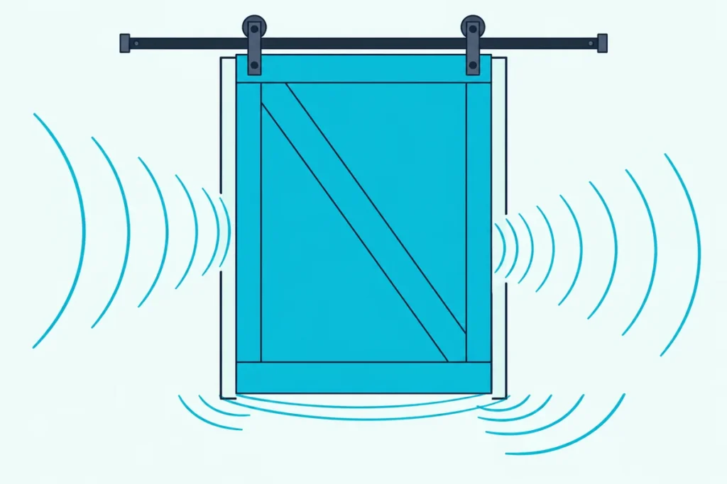 A barn door on a track with narrow gaps at its bottom and sides and sound-wave lines slipping through them