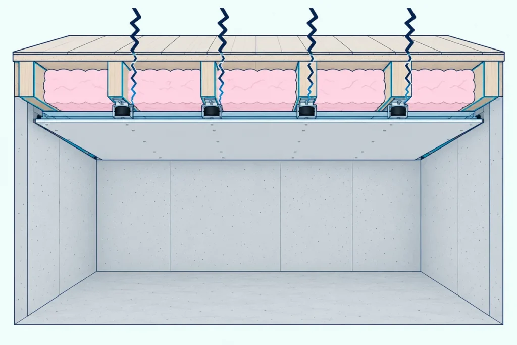 Basement room below a wood joist floor, with insulation in the bays and a drywall ceiling hung on clips and metal channel