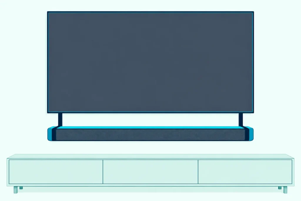 Wall-mounted flat TV with a long soundbar held a short gap below it by two slim metal bracket arms