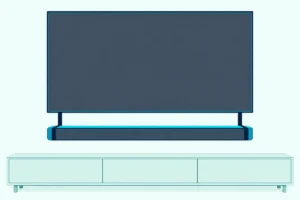 Wall-mounted flat TV with a long soundbar held a short gap below it by two slim metal bracket arms