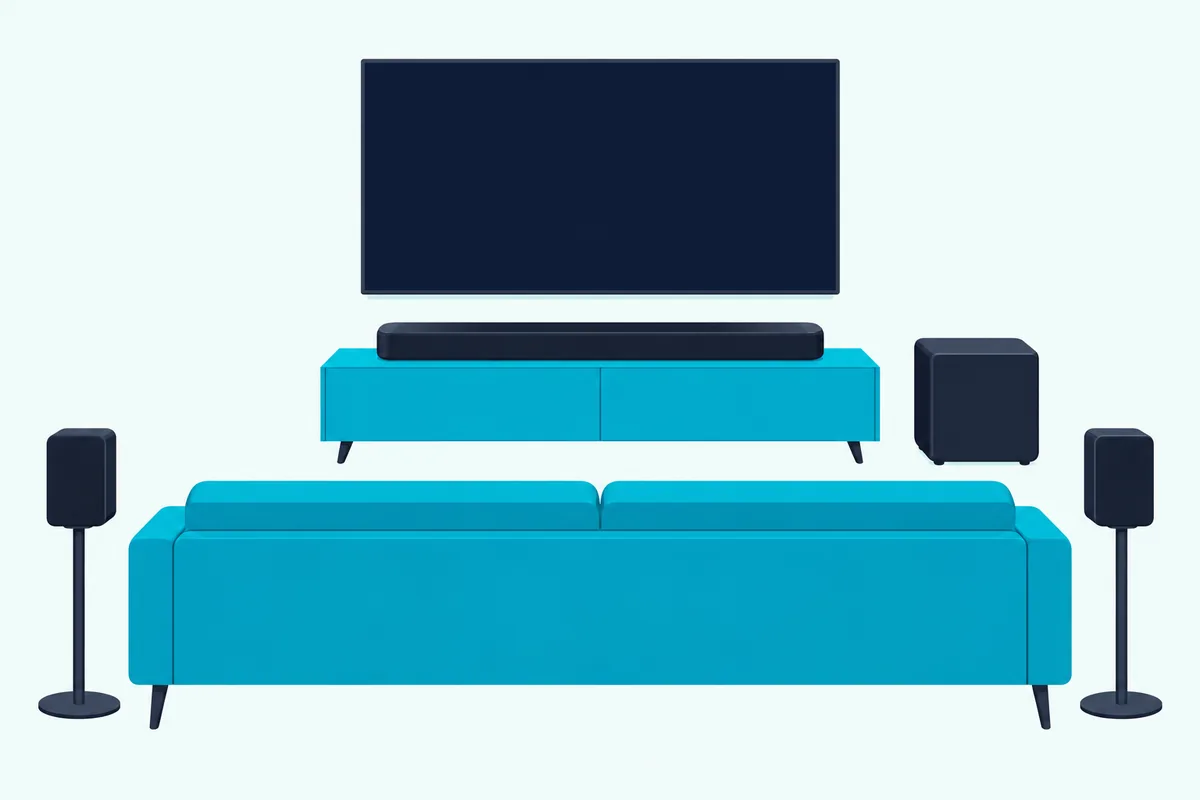 Black soundbar under a blank wall-mounted TV with a cube subwoofer and two small surround speakers behind a sofa