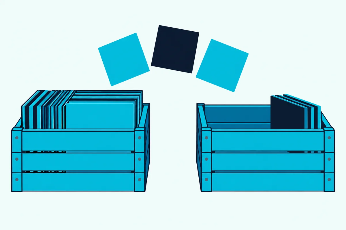 Blank record sleeves moving in an arc from one wooden crate into a second identical crate, like a library changing programs