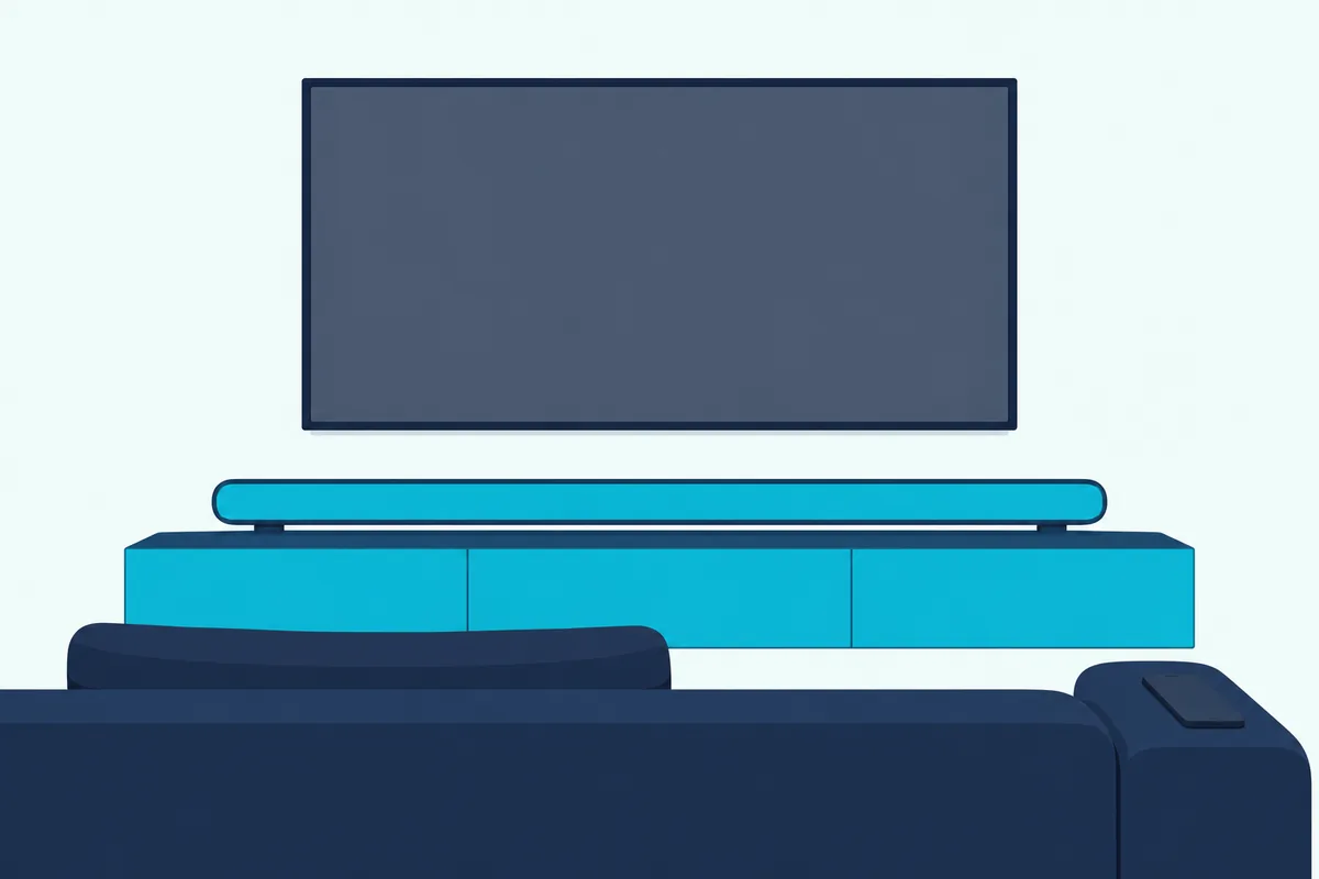 Wall-mounted TV with a blank gray screen above a soundbar, and a smartphone lying face down on the arm of a sofa in front