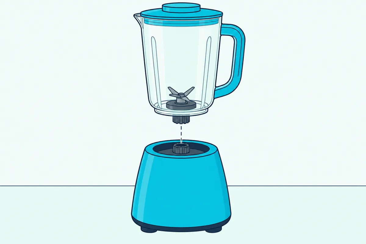 Blender container lifted off its motor base, showing the drive socket on the base and the blade assembly below the jar