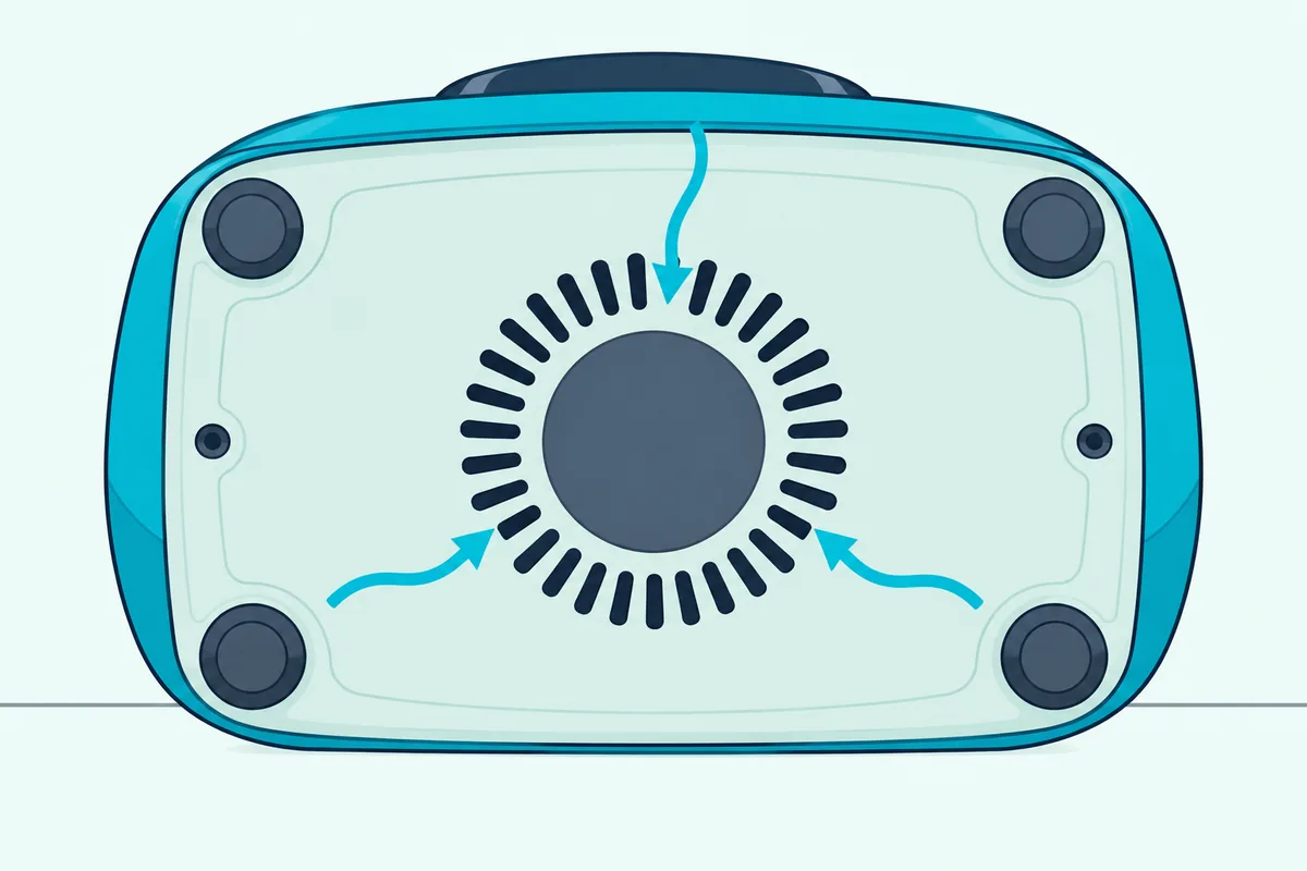 Blender motor base turned on its side, showing the vent slots and four round rubber feet on its underside