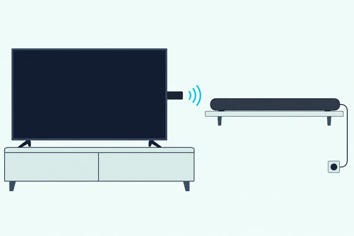 Bluetooth soundbar on a shelf beside a small streaming stick in the side of a TV, with signal arcs between them