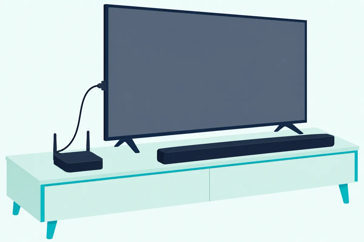 Small black box with two short antennas beside a soundbar on a TV stand, a thin cable running up to the TV