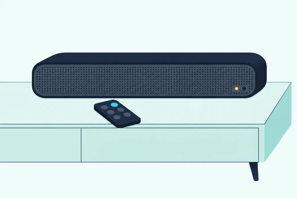 Compact TV soundbar with one small amber status light on its front and a small remote beside it with one button glowing teal