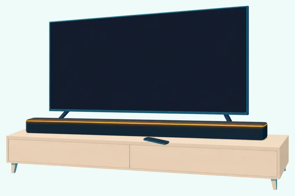 Slim black soundbar on a TV stand with an amber light strip glowing along its front, its remote in front