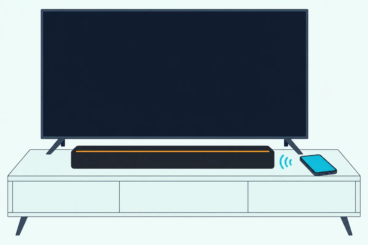 Slim black soundbar under a TV with its front light strip glowing amber and a phone lying on the stand beside it