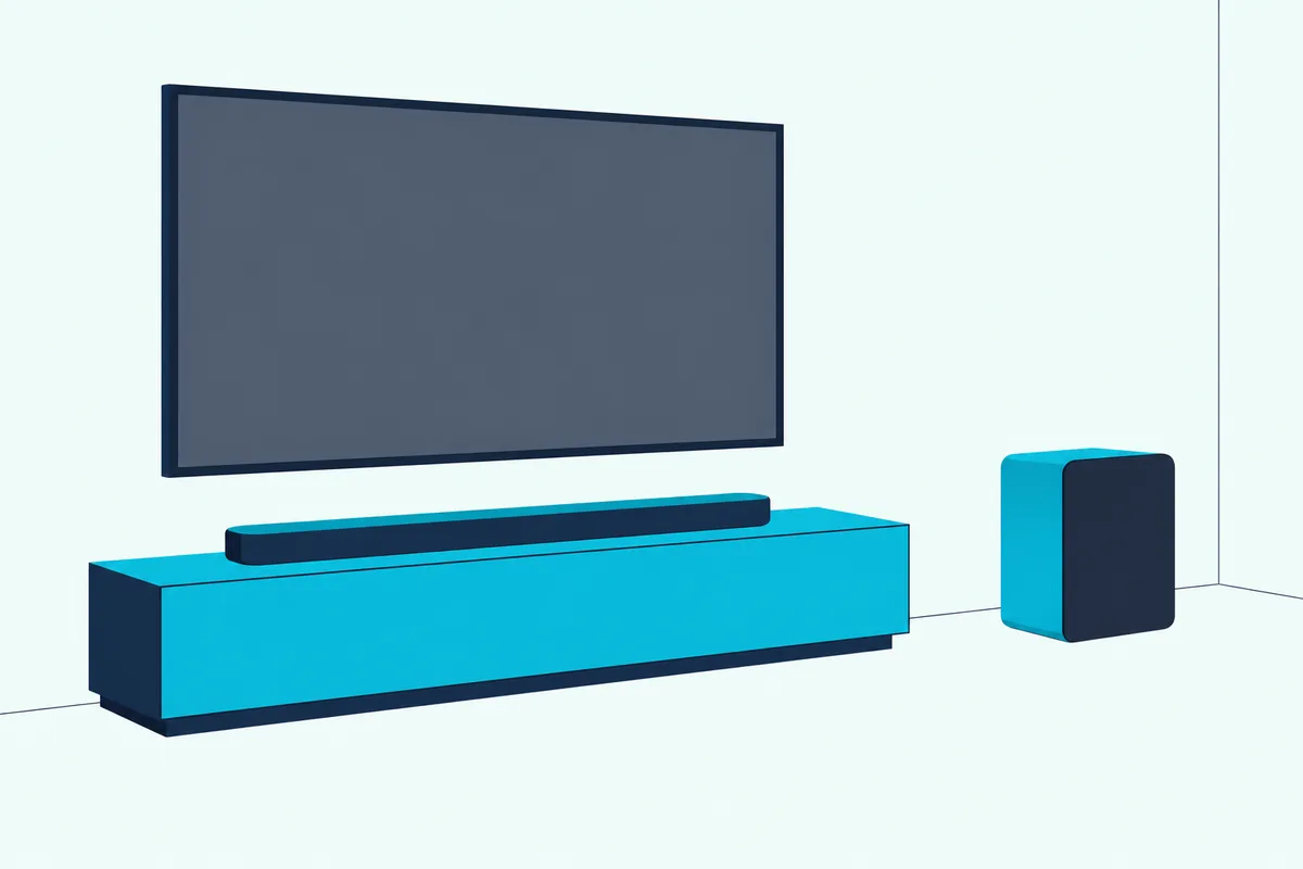 Plain box subwoofer on the floor a few feet from a soundbar on a low TV console