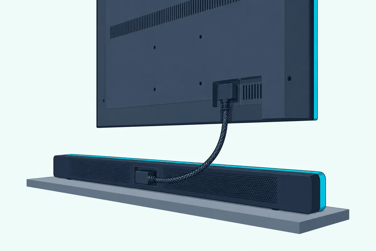 Braided HDMI cable running from the back of a slim soundbar up to the HDMI port on the back of a wall-mounted TV