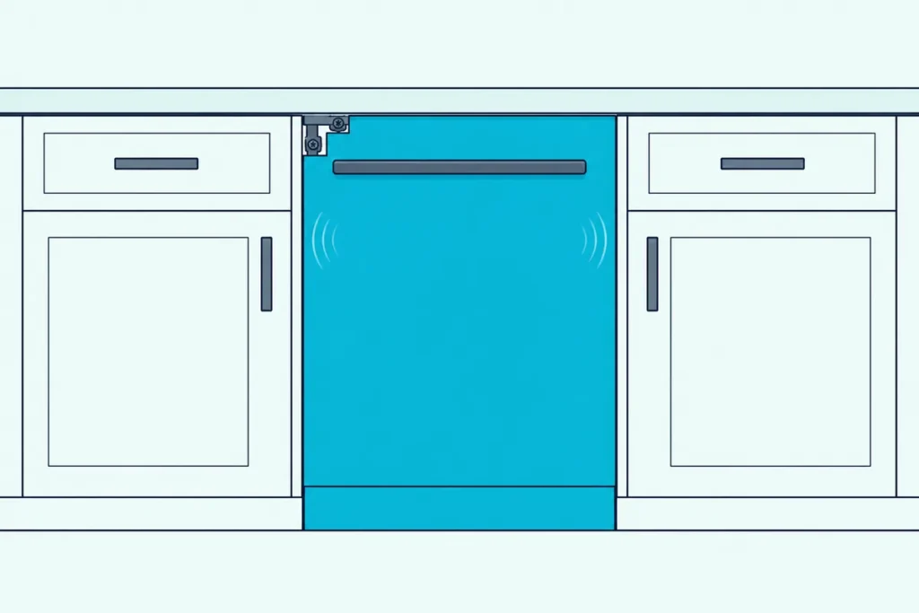 Built-in dishwasher under a countertop, fastened to the counter with a bracket, its toe kick panel down against the floor