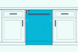 Built-in dishwasher under a countertop, fastened to the counter with a bracket, its toe kick panel down against the floor