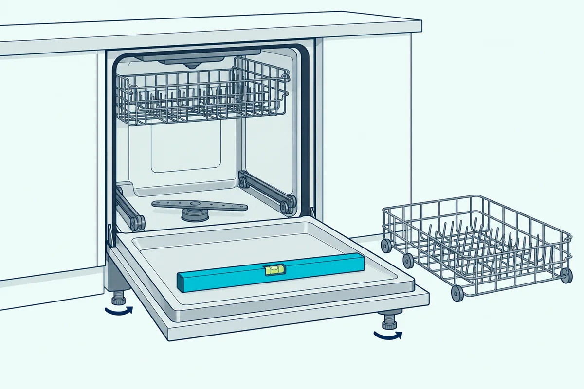 Built-in dishwasher with its door open, lower rack lifted out and a torpedo level on the door, leveling legs below
